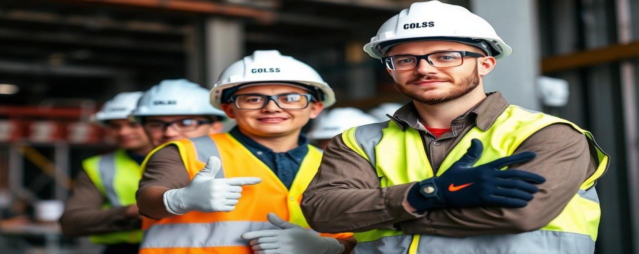 Equipe com EPIs em frente de obra